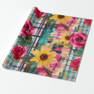 Bold Pink Rose Sunflower Plaid in Magenta & Teal Wrapping Paper