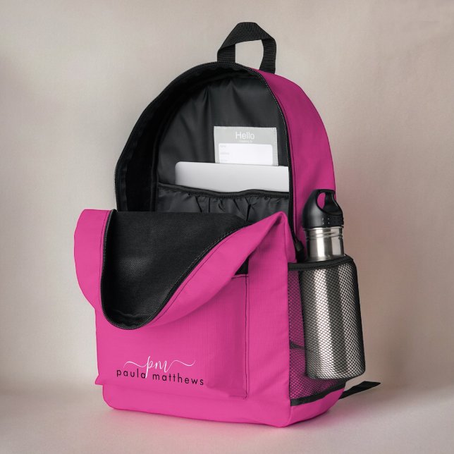 Bold Pink Simple Minimalist Monogram and Name Printed Backpack (Personalize with your monogram initials and name.)