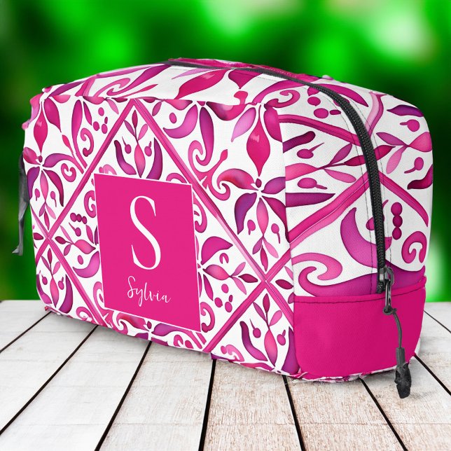 Bold pink Spanish talavera bridesmaid gifts Dopp Kit (Bold pink Spanish talavera tiles bridesmaid gifts personalized monogram bag Dopp Kit bridal favors)