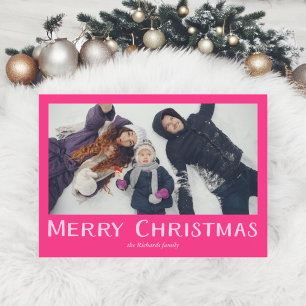 Bold pink traditional Merry Christmas photo Holiday Card
