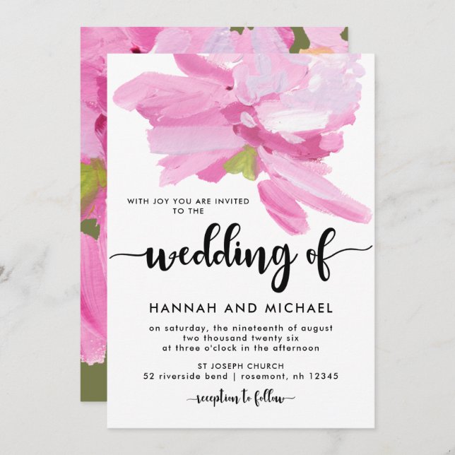 Bold Pink Watercolor Floral Wedding Invitation (Front/Back)