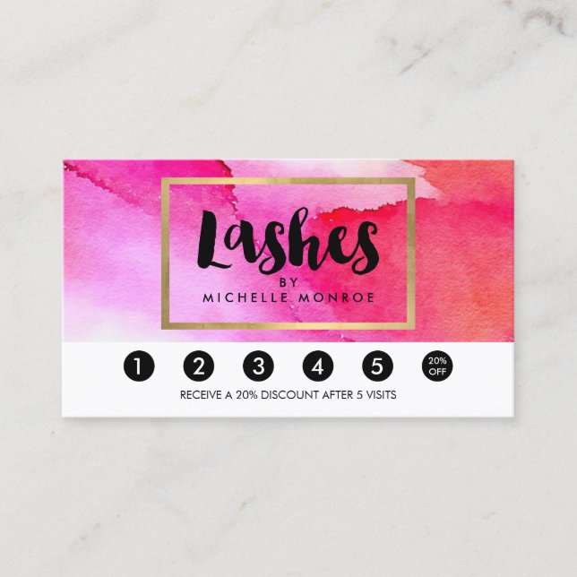 Bold Pink Watercolors Lash Extensions Loyalty Card (Front)