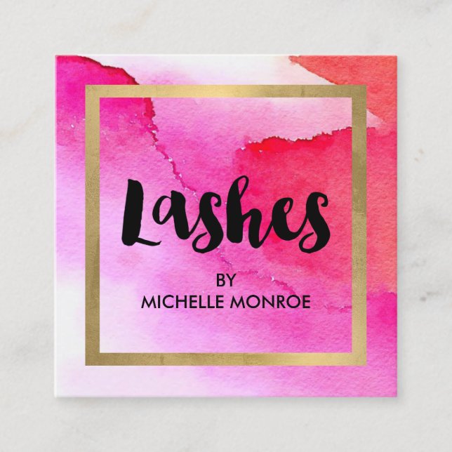 Bold Pink Watercolors Lash Extensions Square Business Card (Front)