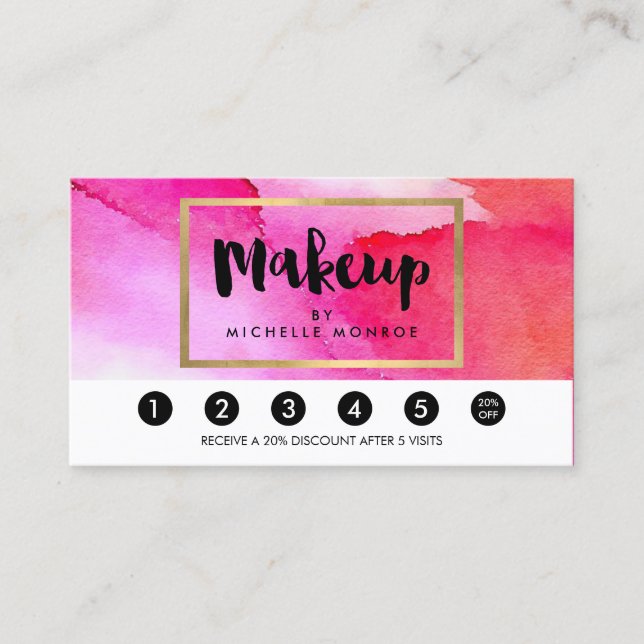 Bold Pink Watercolors Makeup Artist Loyalty Card (Front)