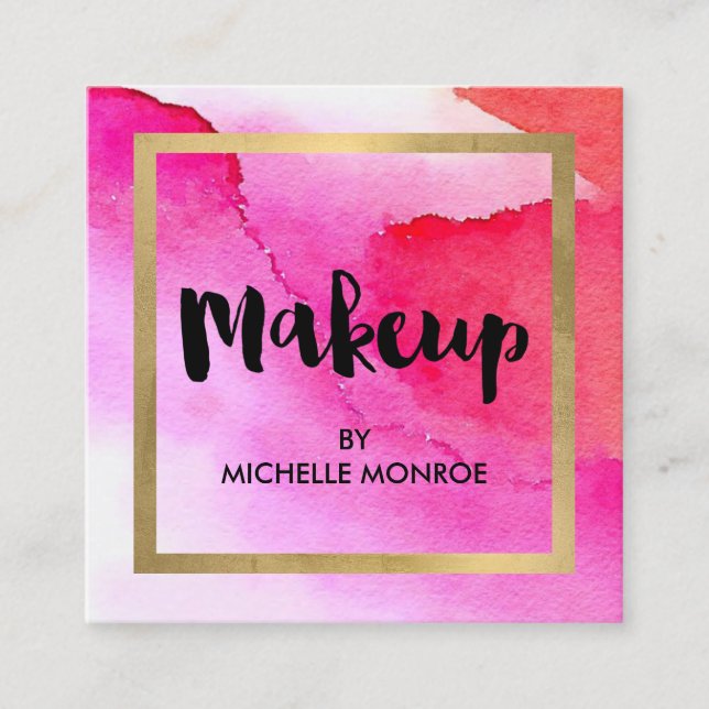Bold Pink Watercolors Makeup Text Square Business Card (Front)