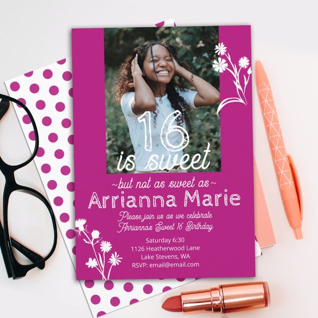 Bold Pink, White Flowers Sweet 16 Birthday Invitation (hot pink magenta sweet 16 sixteen party invitation, 16th birthday party invite floral wild flowers)