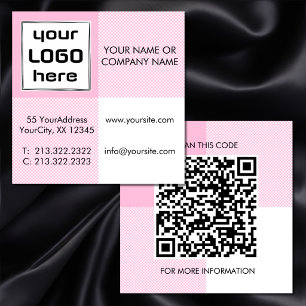 Bold Pink White Gingham Squares Logo QR code Square Business Card