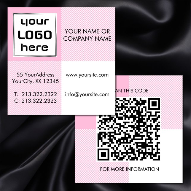 Bold Pink White Gingham Squares Logo QR code Square Business Card (Creator Uploaded)
