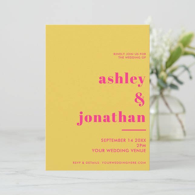 Bold Pink Yellow Typography Modern Wedding Invitation (Standing Front)