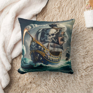 Bold Pirate Ship Navigating Stormy Seas at Dusk Cushion