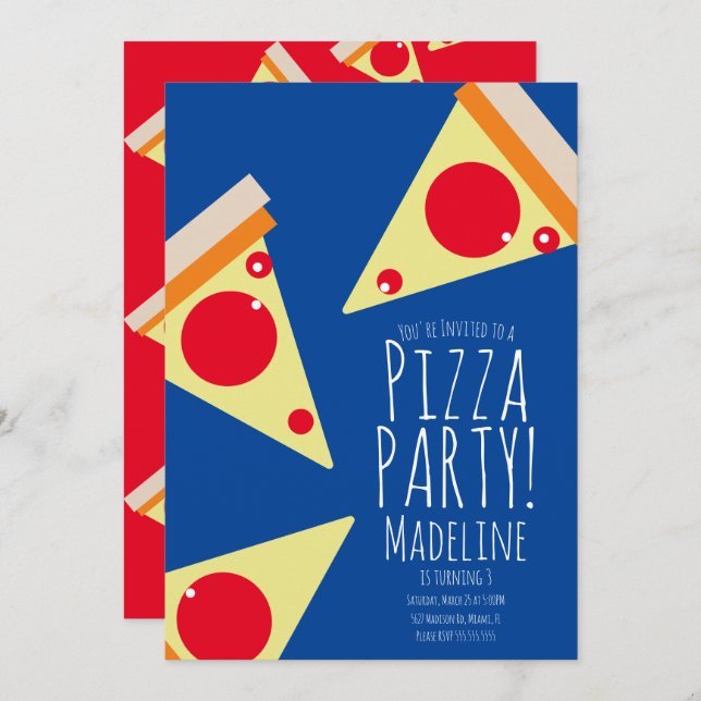 Bold Pizza Birthday Party Restaurant Blue Invitation (Front/Back)