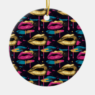 Bold Pop Art Lips Pattern with Vibrant Drips Ceramic Ornament