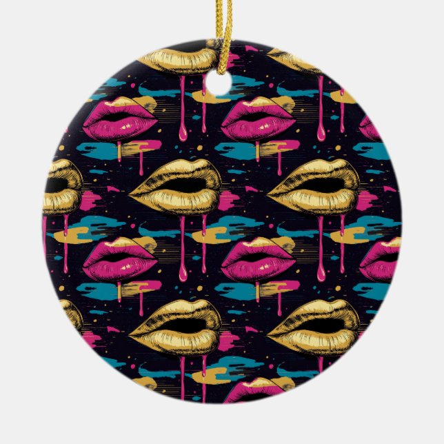 Bold Pop Art Lips Pattern with Vibrant Drips  Ceramic Ornament (Front)