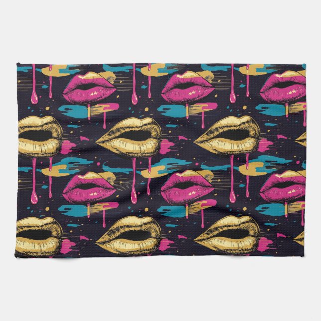 Bold Pop Art Lips Pattern with Vibrant Drips  Tea Towel (Horizontal)