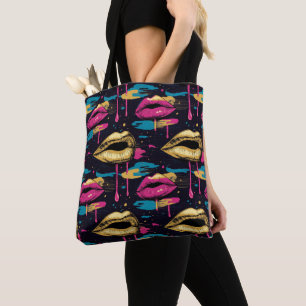 Bold Pop Art Lips Pattern with Vibrant Drips  Tote Bag