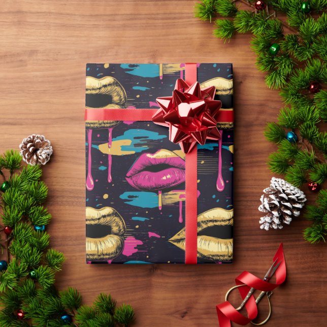 Bold Pop Art Lips Pattern with Vibrant Drips  Wrapping Paper (Holiday Gift)