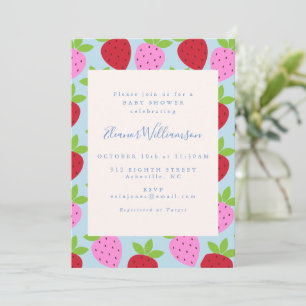 Bold Preppy Strawberry Blue Baby Shower Girl Invitation