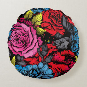 Bold Punk Blooms Floral Round Pillow