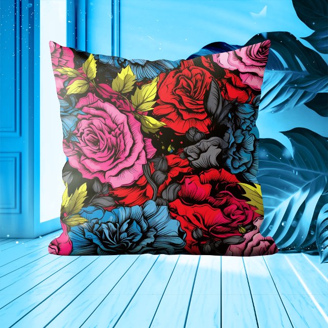 Bold Punk Blooms Floral Throw Pillow (Creator Uploaded)