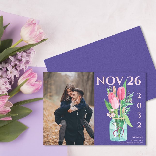 Bold Purple & Blush Floral Photo Save the Date Announcement (Bold Purple & Blush Floral Photo Save the Date Announcement)