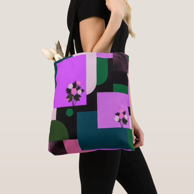 Bold Purple Botanical Geometry Tote Bag (Close Up)