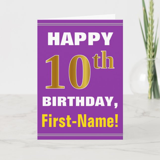 Bold, Purple, Faux Gold 10th Birthday w/ Name Card (Front)