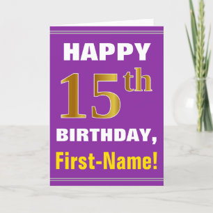 Bold, Purple, Faux Gold 15th Birthday w/ Name Card