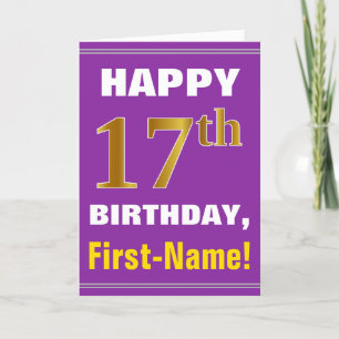 Bold, Purple, Faux Gold 17th Birthday w/ Name Card