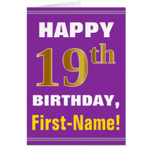 Bold, Purple, Faux Gold 19th Birthday w/ Name Card