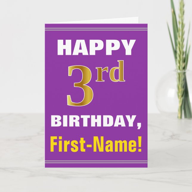 Bold, Purple, Faux Gold 3rd Birthday w/ Name Card (Front)