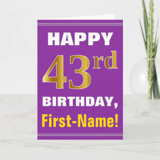 Bold, Purple, Faux Gold 43rd Birthday w/ Name Card (Front)