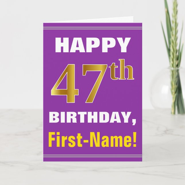 Bold, Purple, Faux Gold 47th Birthday w/ Name Card (Front)