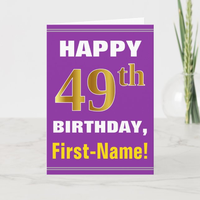 Bold, Purple, Faux Gold 49th Birthday w/ Name Card (Front)