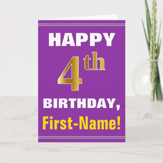 Bold, Purple, Faux Gold 4th Birthday w/ Name Card (Front)