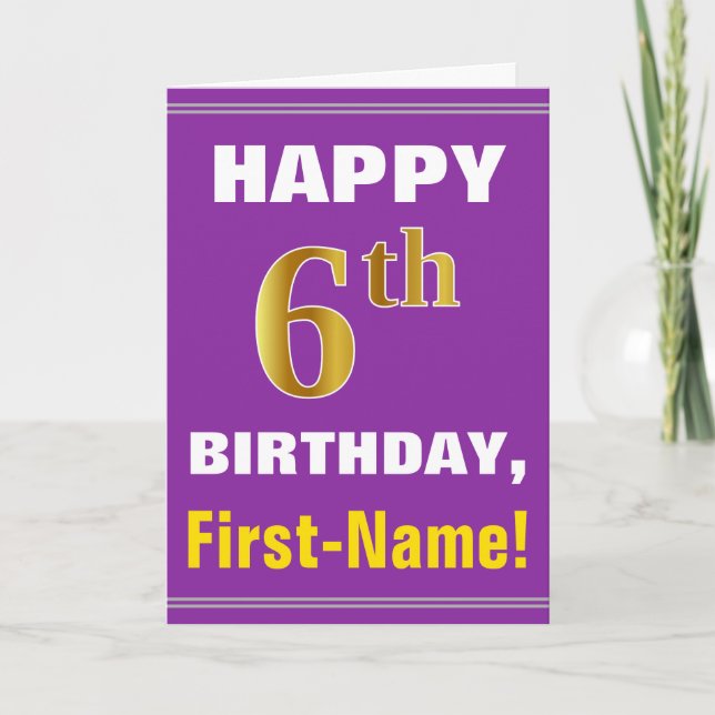 Bold, Purple, Faux Gold 6th Birthday w/ Name Card (Front)