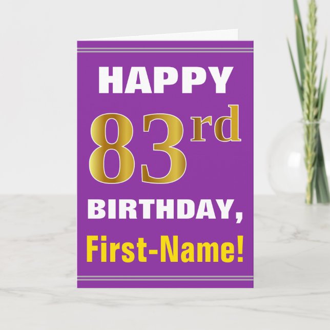Bold, Purple, Faux Gold 83rd Birthday w/ Name Card (Front)