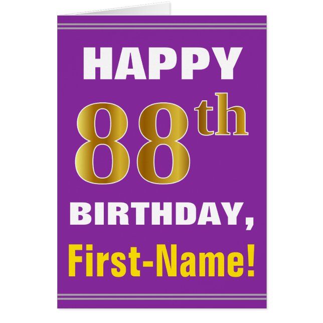 Bold, Purple, Faux Gold 88th Birthday w/ Name Card (Front)