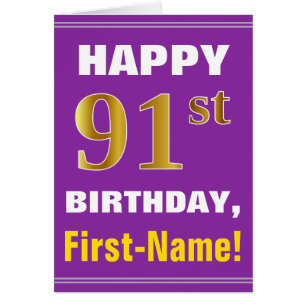 Bold, Purple, Faux Gold 91st Birthday w/ Name Card