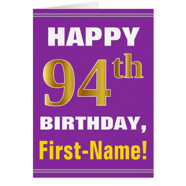 Bold, Purple, Faux Gold 94th Birthday w/ Name Card (Front)