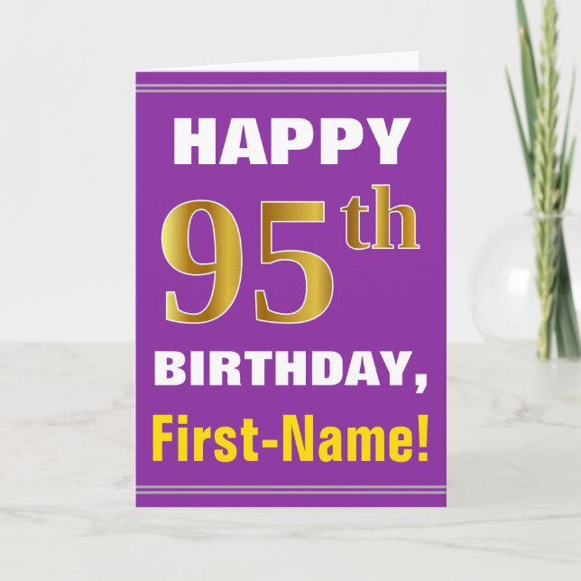 Bold, Purple, Faux Gold 95th Birthday w/ Name Card (Front)