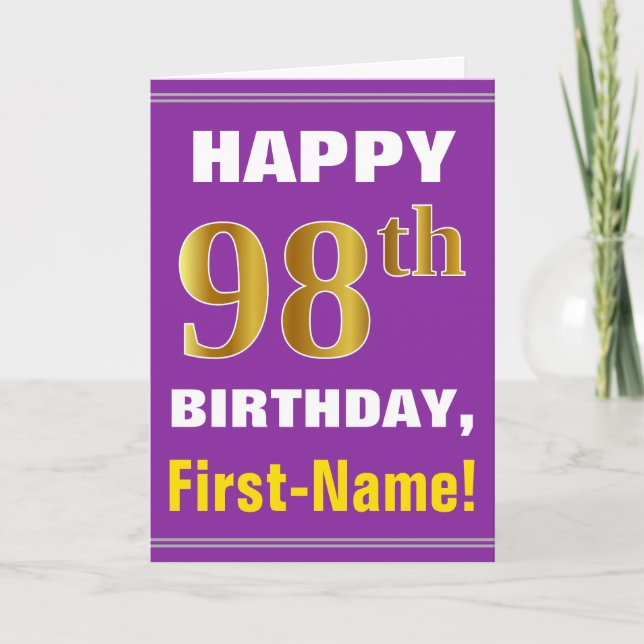 Bold, Purple, Faux Gold 98th Birthday w/ Name Card (Front)