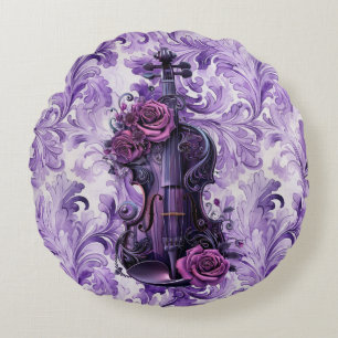   Bold Purple Floral  Violin Round Pillow