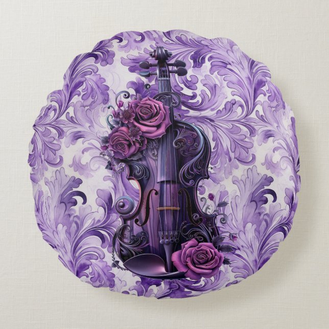   Bold Purple Floral  Violin Round Pillow (Front)