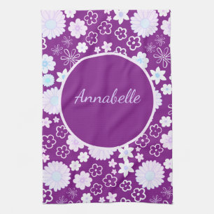 Bold Purple Flowers Floral Pattern Named Tea Towel