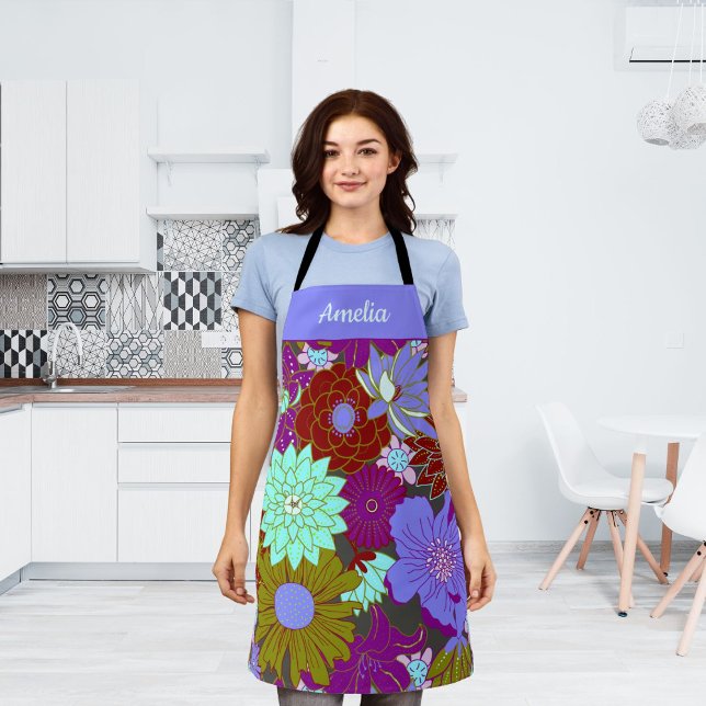 Bold purple green floral pattern and custom name apron (Creator Uploaded)
