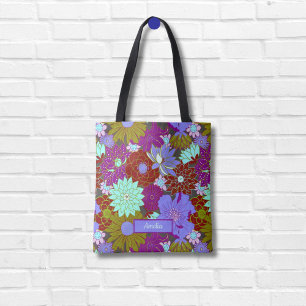 Bold purple green floral pattern and custom name tote bag