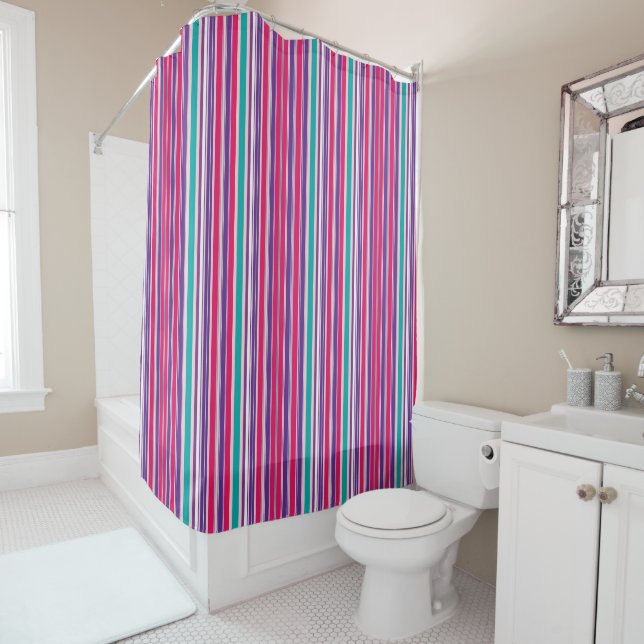 Bold Purple, Pink and Turquoise Vertical Stripes Shower Curtain (In Situ)