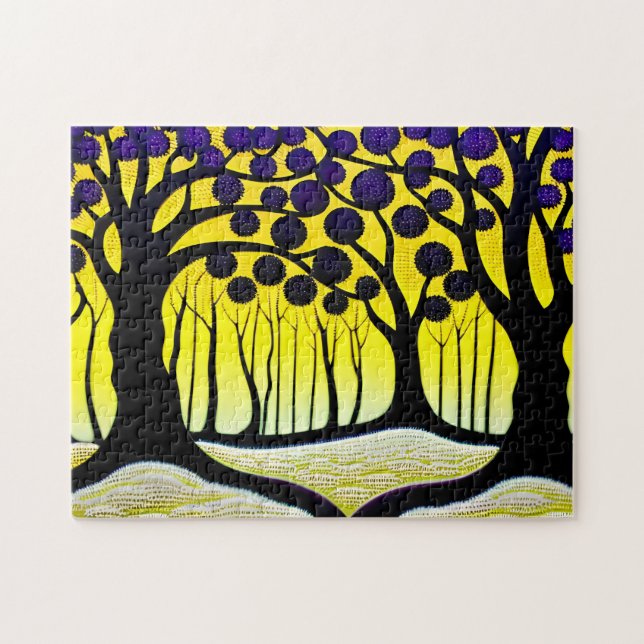 Bold Purple Trees on Vivid Yellow Background Jigsaw Puzzle (Horizontal)