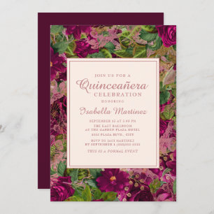 Bold Purple Wine Lacy Pink Floral Quinceañera Invitation