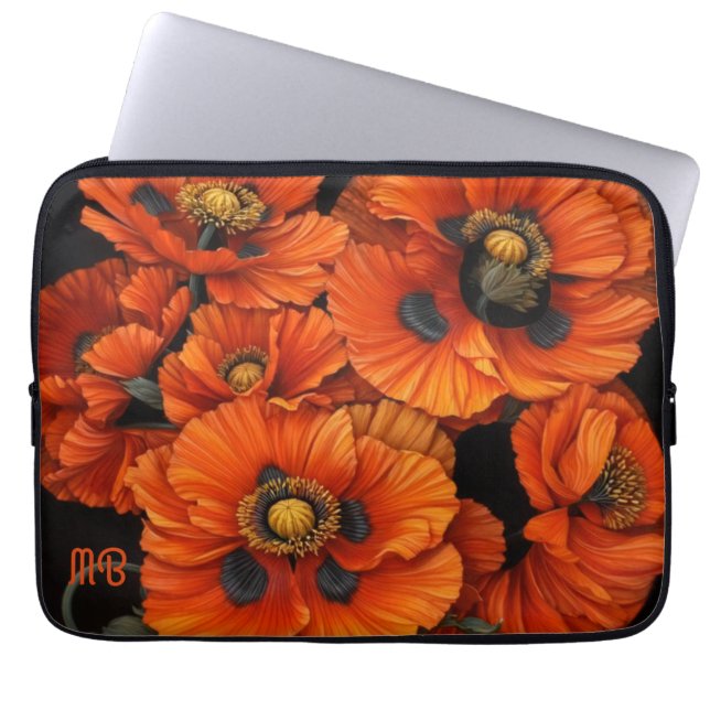 Bold Radiant Beauty Orange Poppy Floral Art Laptop Sleeve (Front)